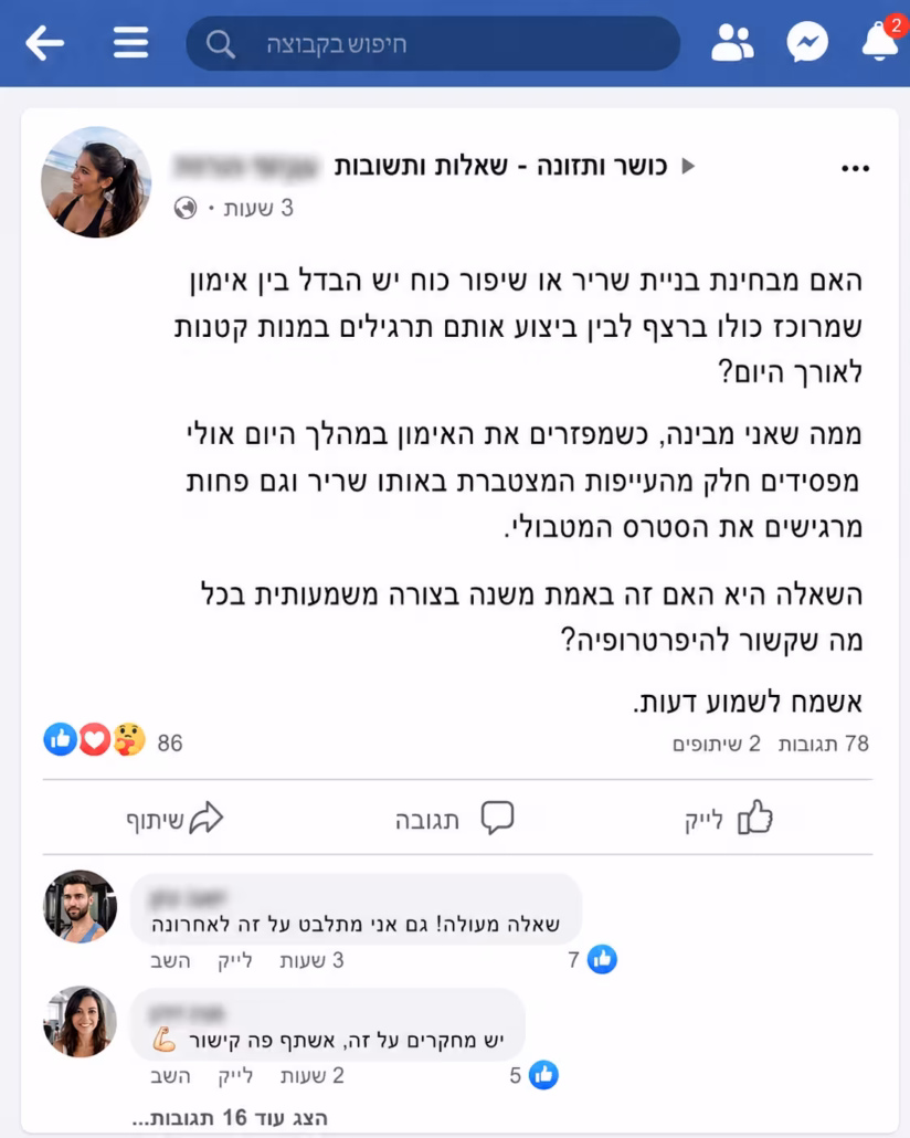 האם חייבים לעשות אימון שלם ברצף כדי לבנות שריר אילוסטרציה המדמה צילום מסך של שאלה בשרשור מתוך קבוצת פייסבוק בנוגע לפיזור סטים במהלך היום לצורך היפרטרופיה